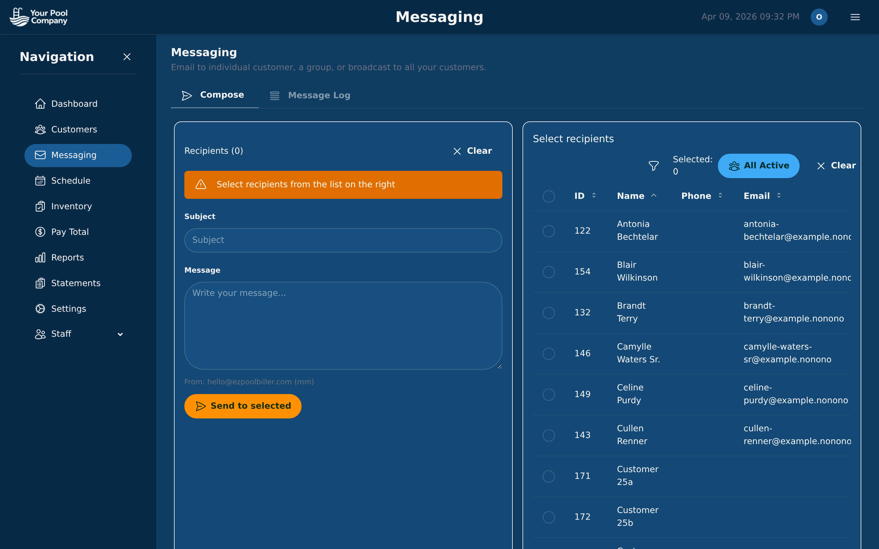 EZ Pool Biller messaging and notification center