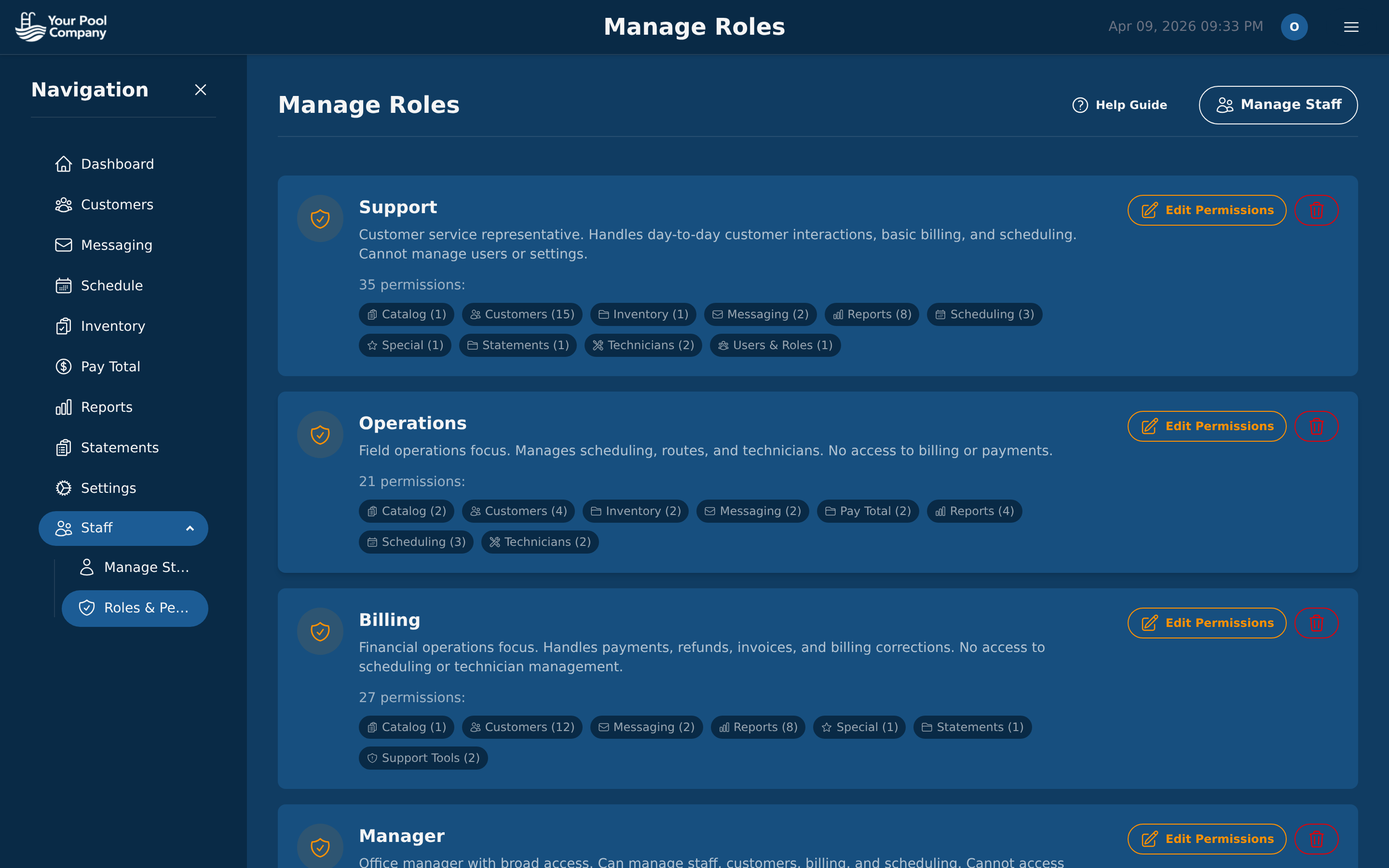 EZ Pool Biller roles and permissions editor with granular access controls