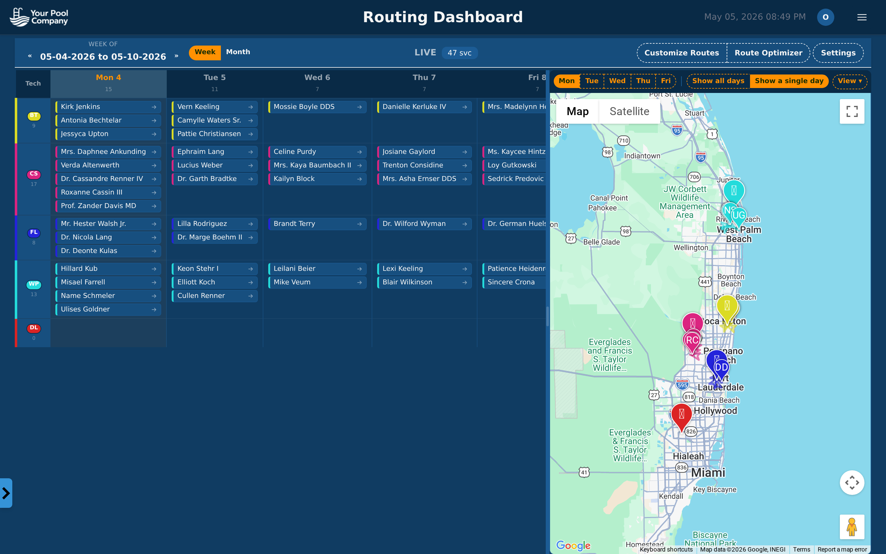 EZ Pool Biller routing dashboard with weekly calendar and map