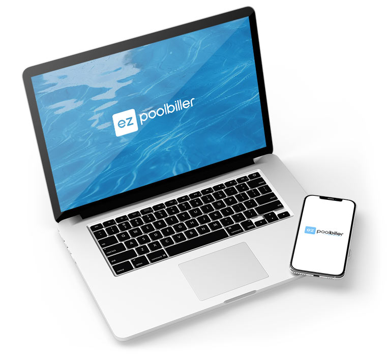 EZ Pool Biller pool service software on a laptop and paired mobile phone — desktop dashboard plus field app
