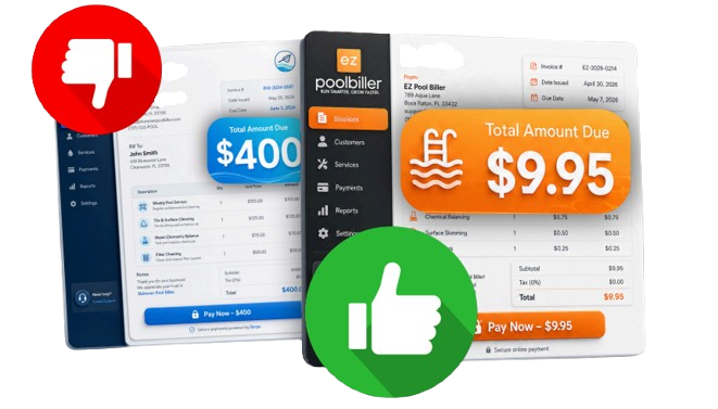 Competitor invoice charging $400/mo (red thumbs-down) vs EZ Pool Biller invoice at $9.95/mo (green thumbs-up)