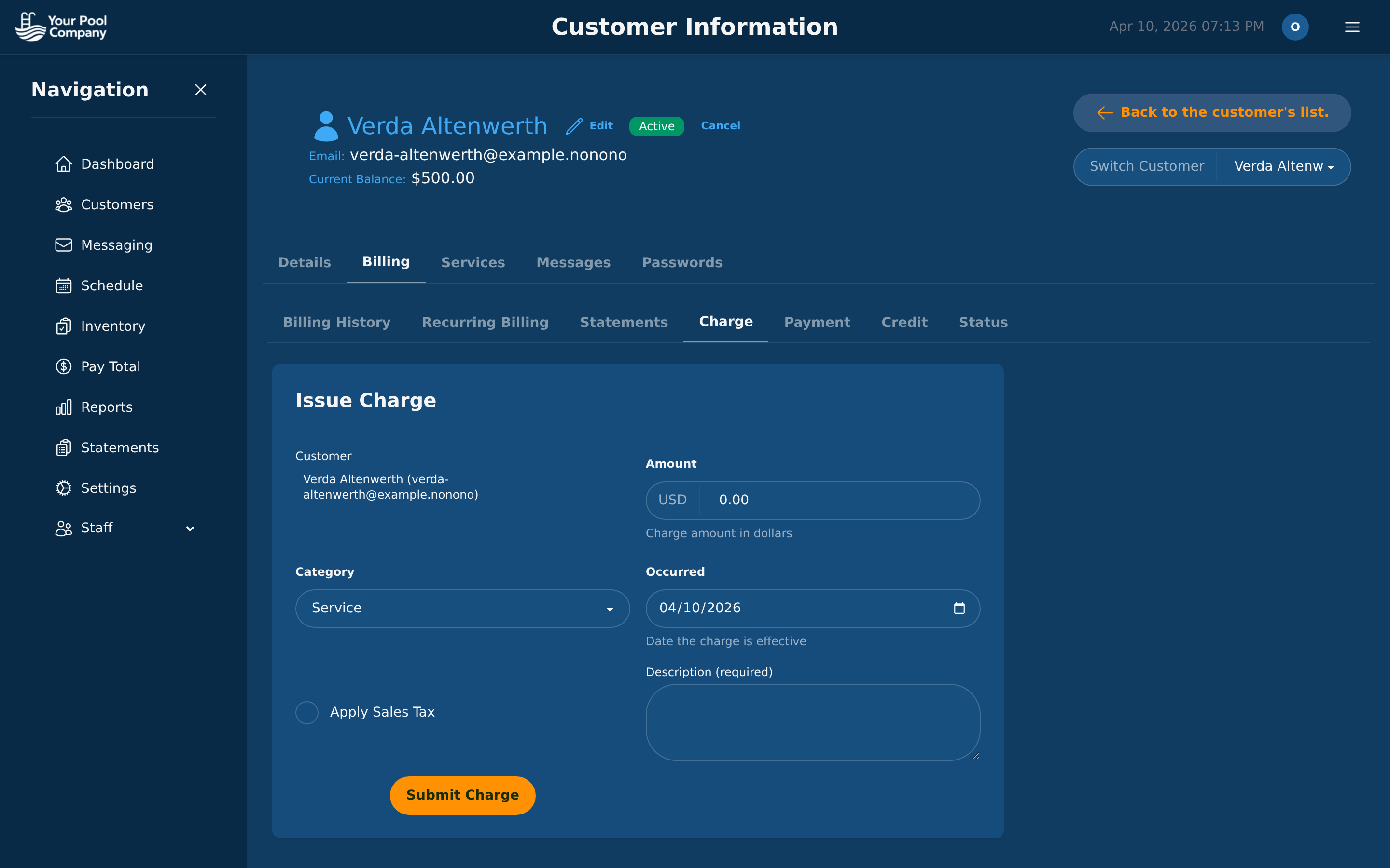 Issue Charge form with customer, amount, category (service/repair/service call), date, description, and sales tax toggle