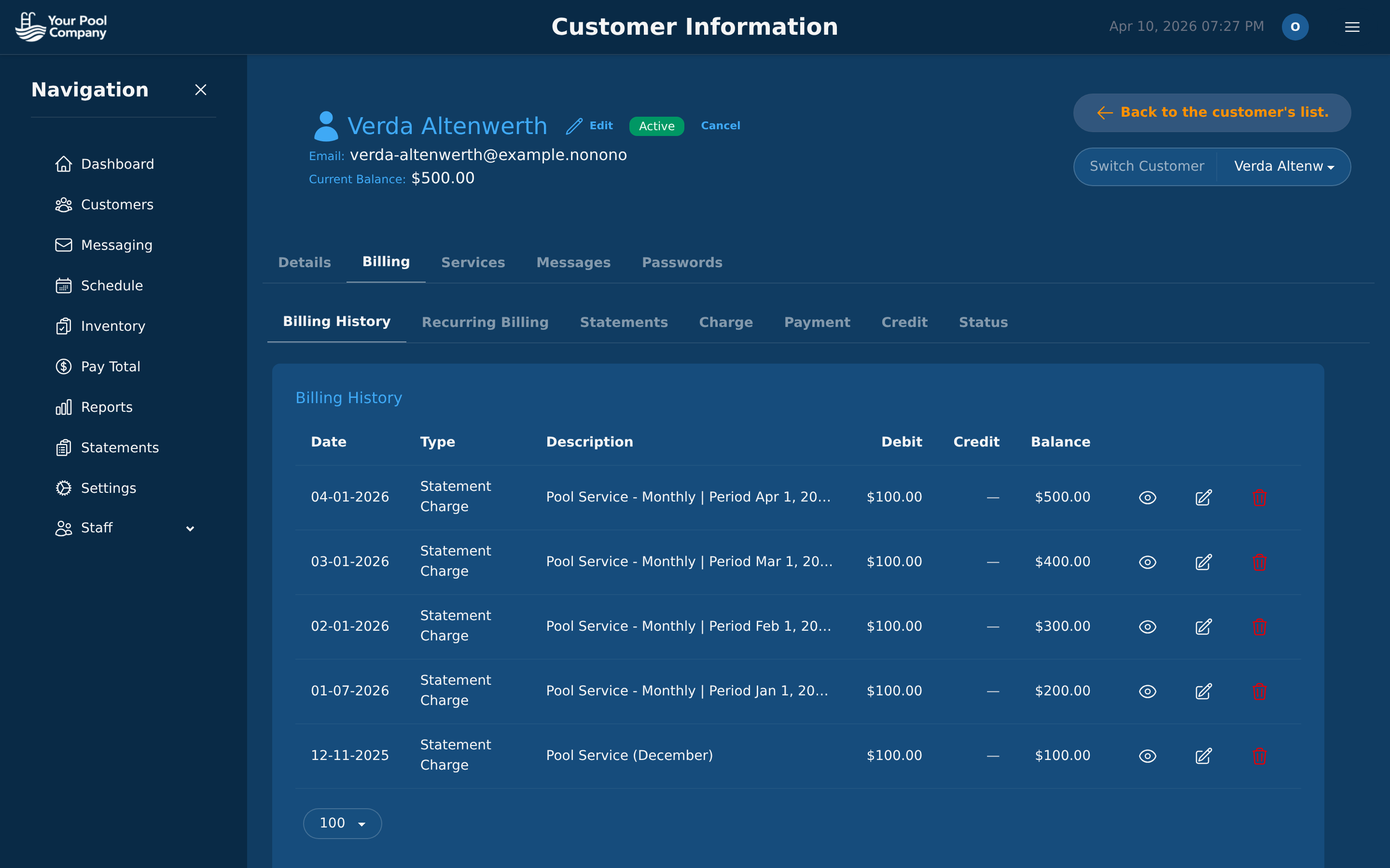 EZ Pool Biller billing history showing automated payment transactions and running balance