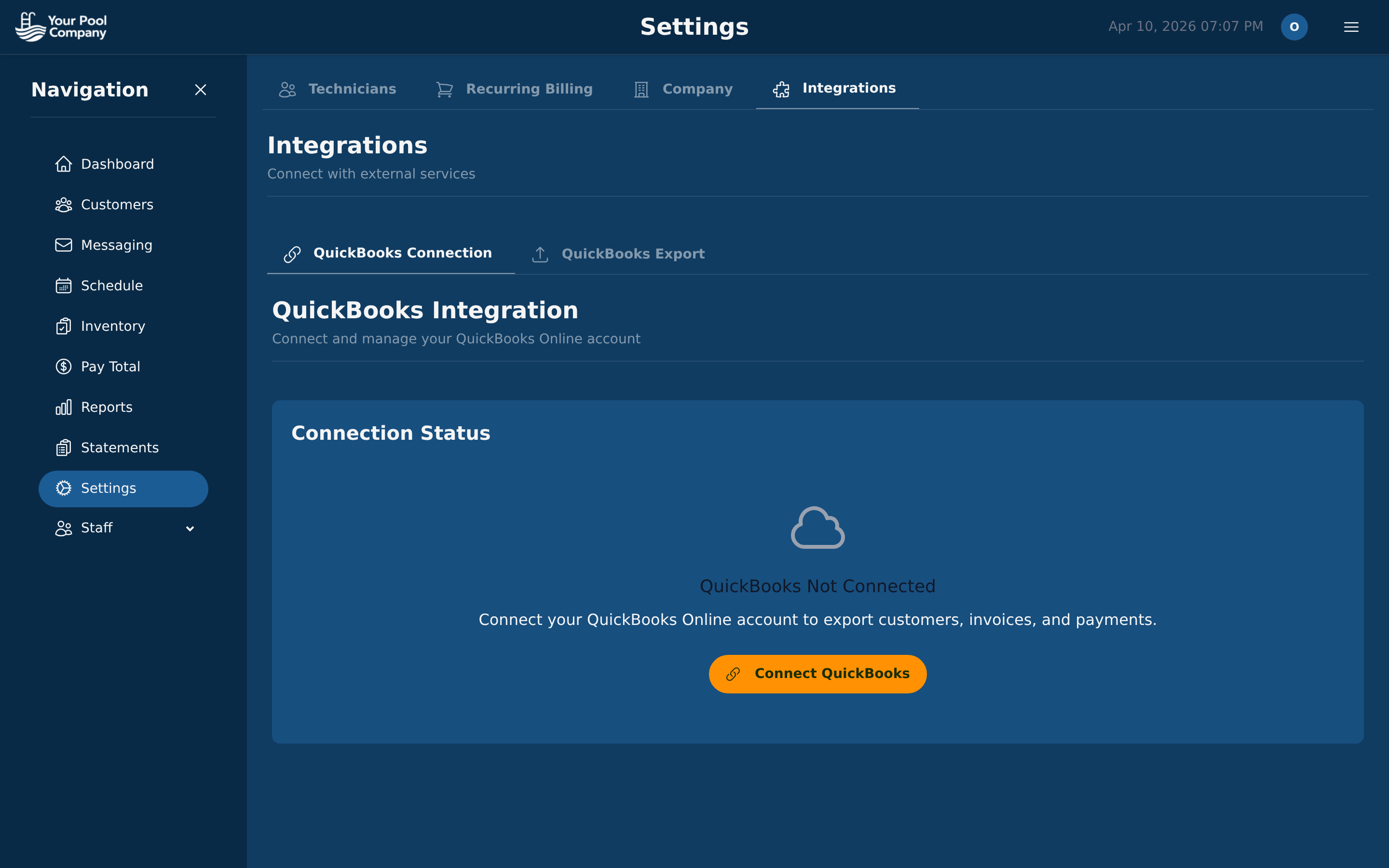EZ Pool Biller QuickBooks integration page showing Connection Status with Connect QuickBooks button under Settings > Integrations