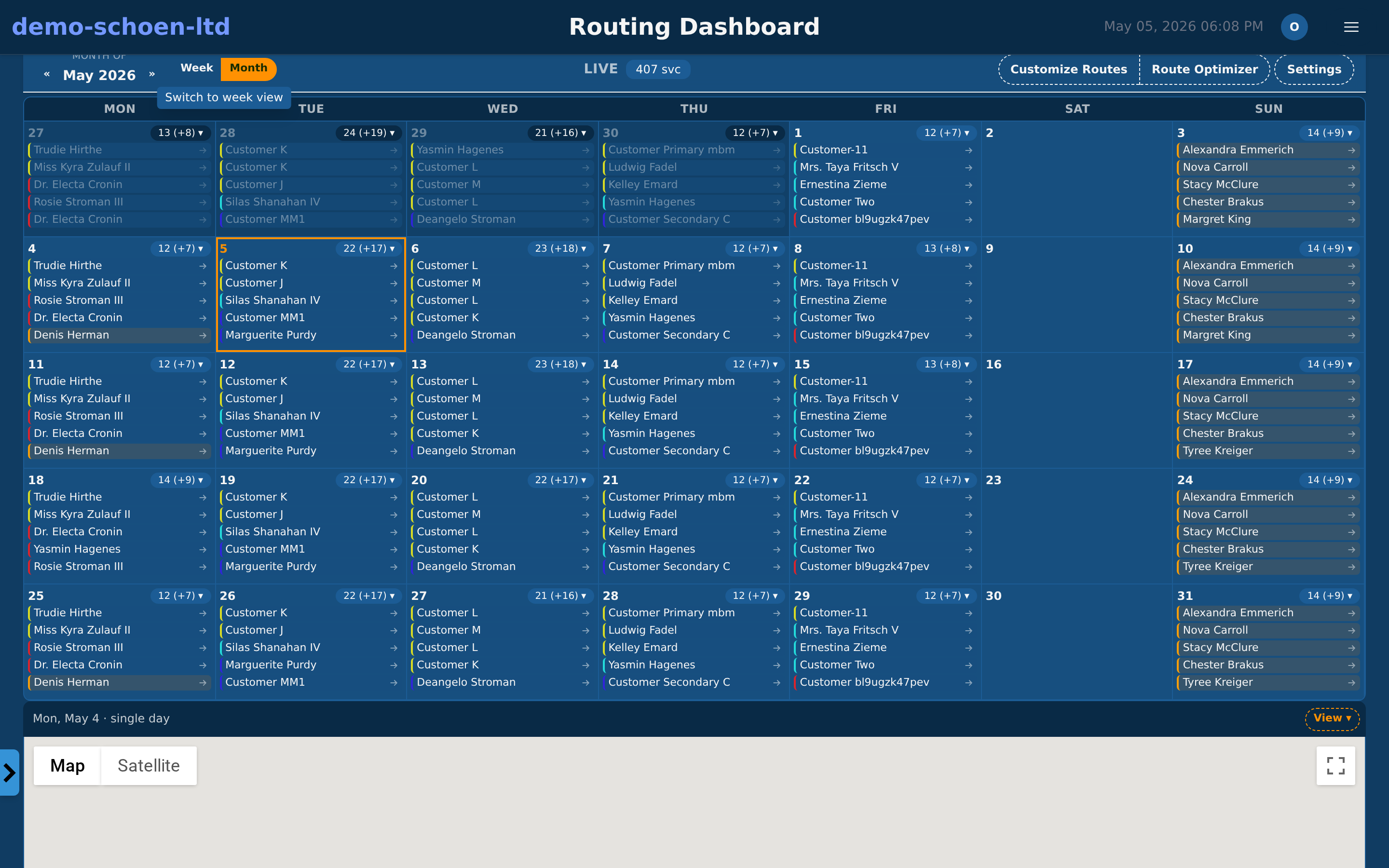 EZ Pool Biller monthly routing calendar with per-day technician assignments