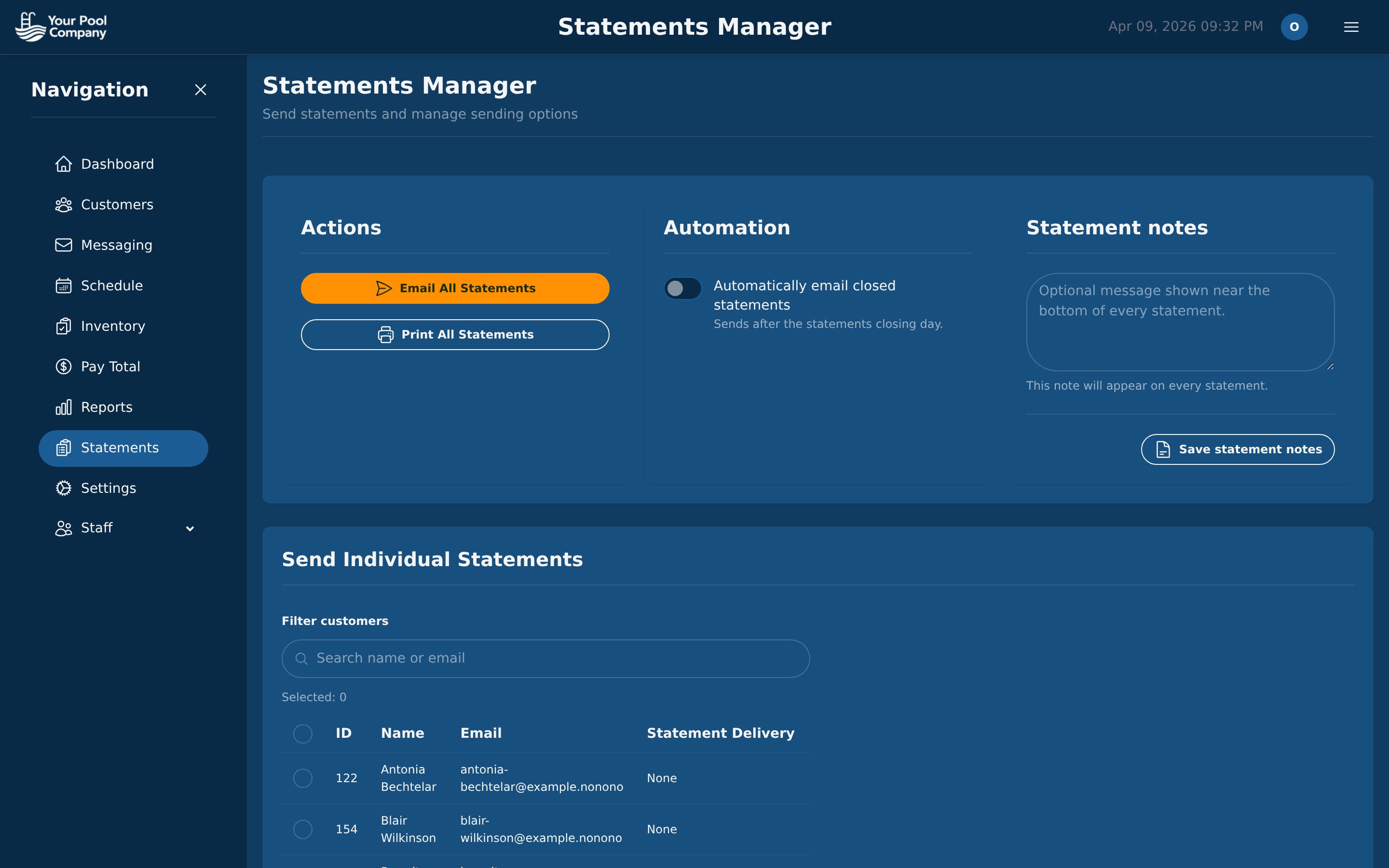 Statements manager with email and print options