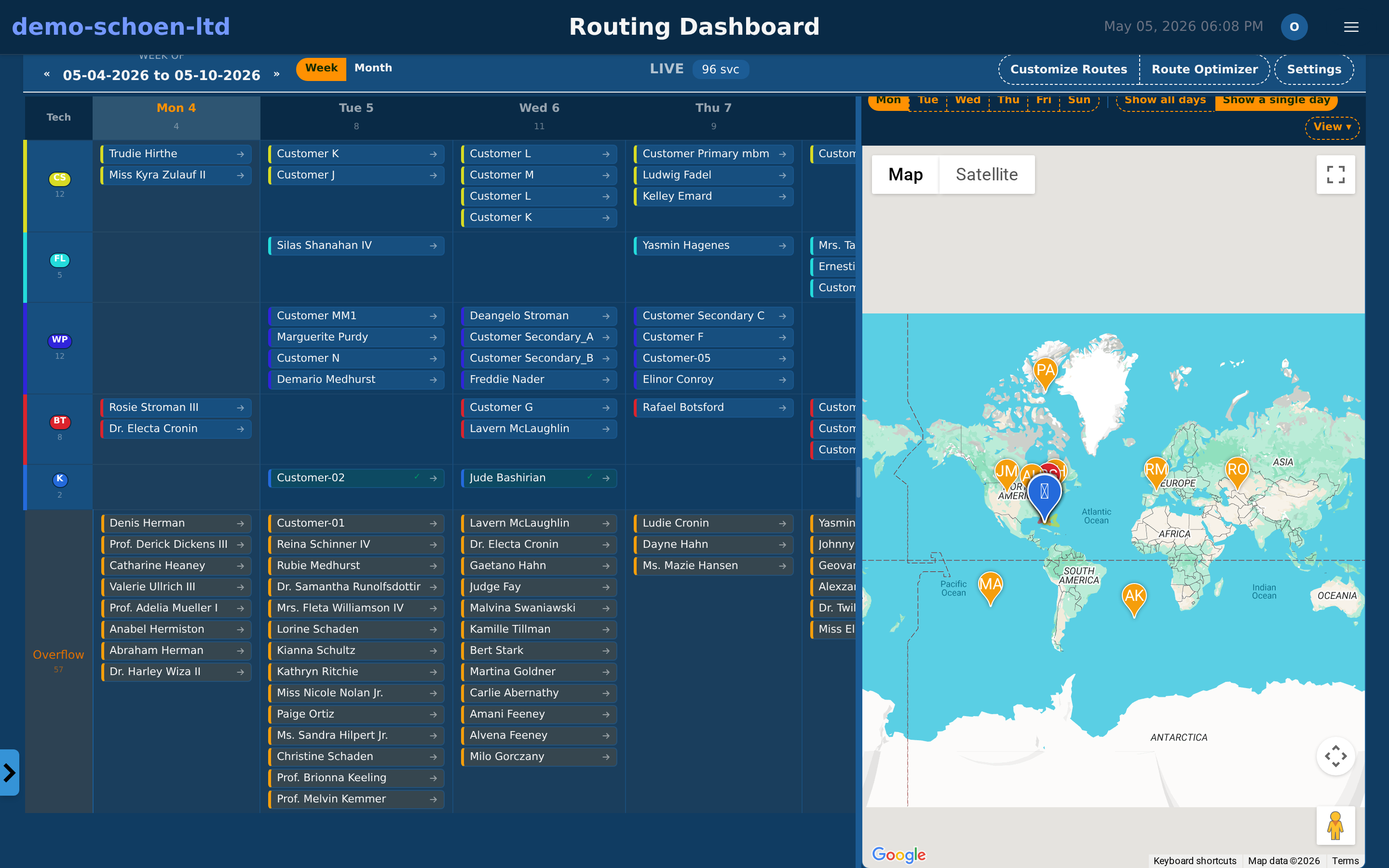 Routing dashboard with weekly calendar, technician grid, and interactive Google Maps showing service stops