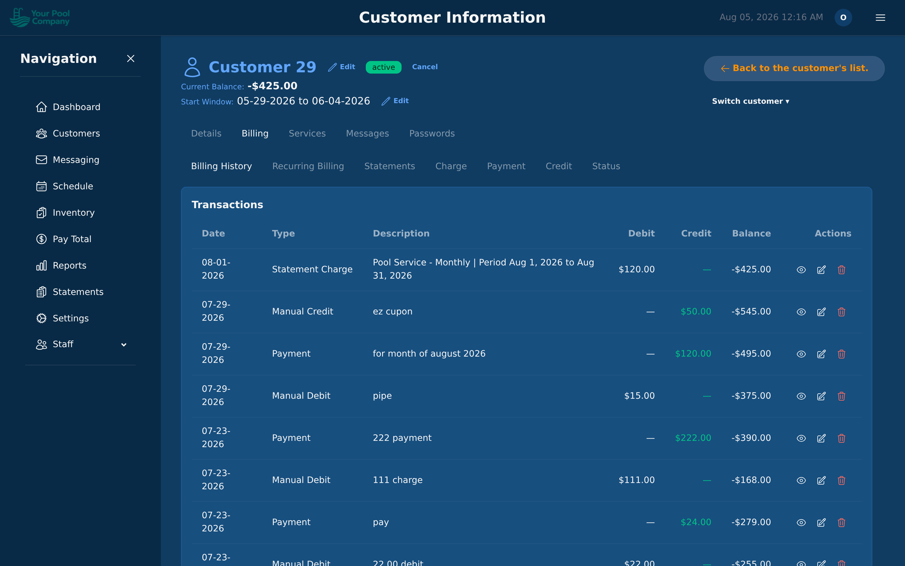 A customer's charges, payments and credits