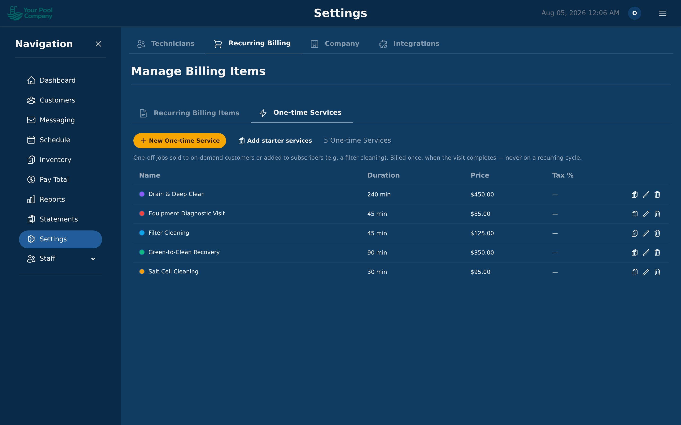 One-time services, with the starter jobs your account came with