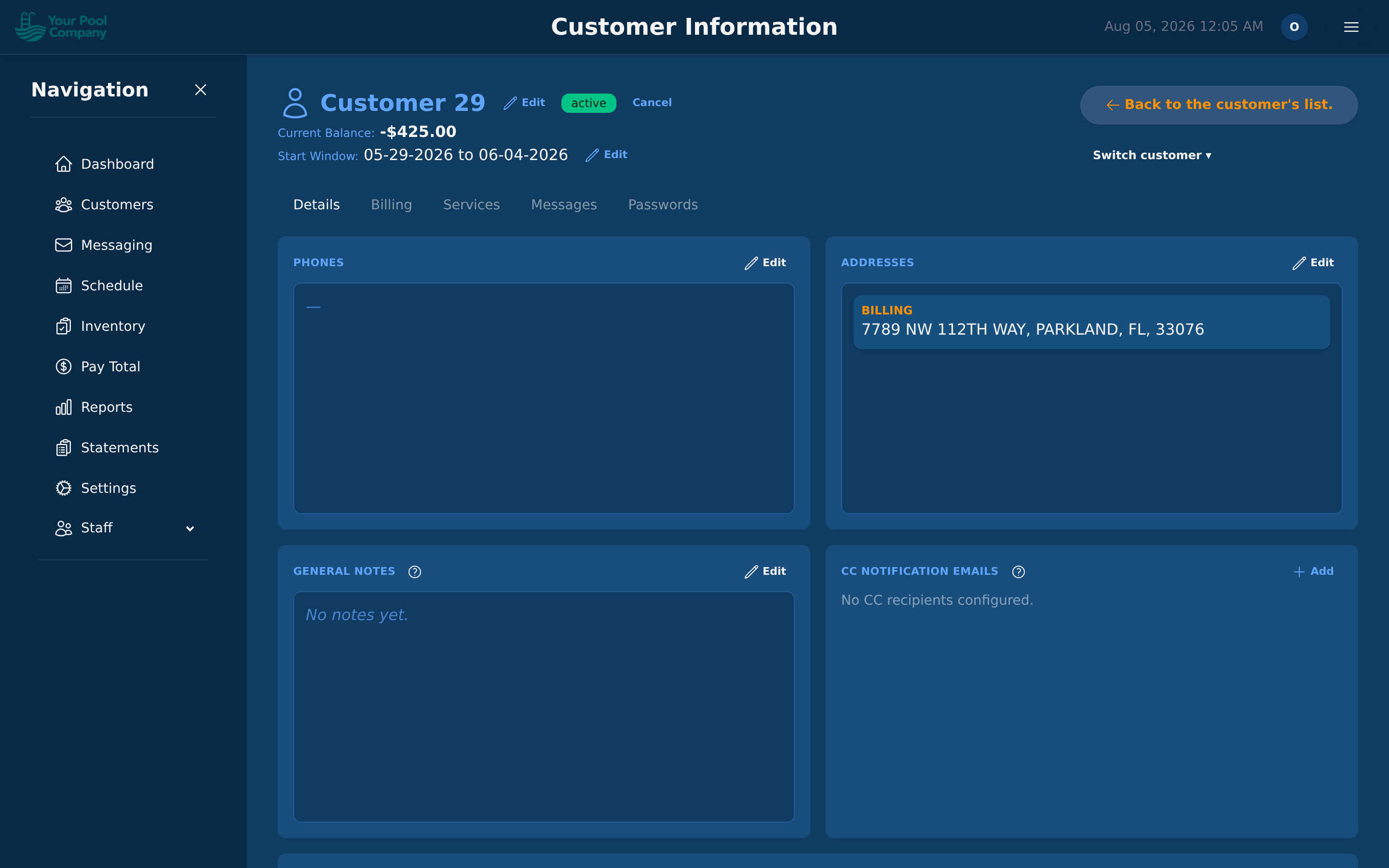 A customer's page — the lifecycle buttons sit at the top