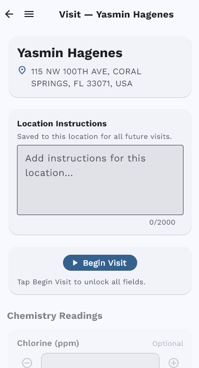 The visit screen before you start — tap Begin Visit to unlock the fields